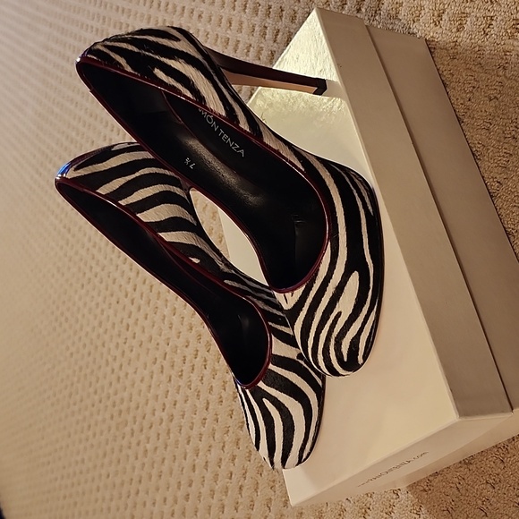 Zebra print, pony hair heels, adorned with red highlight stiletto heels. - Picture 1 of 5